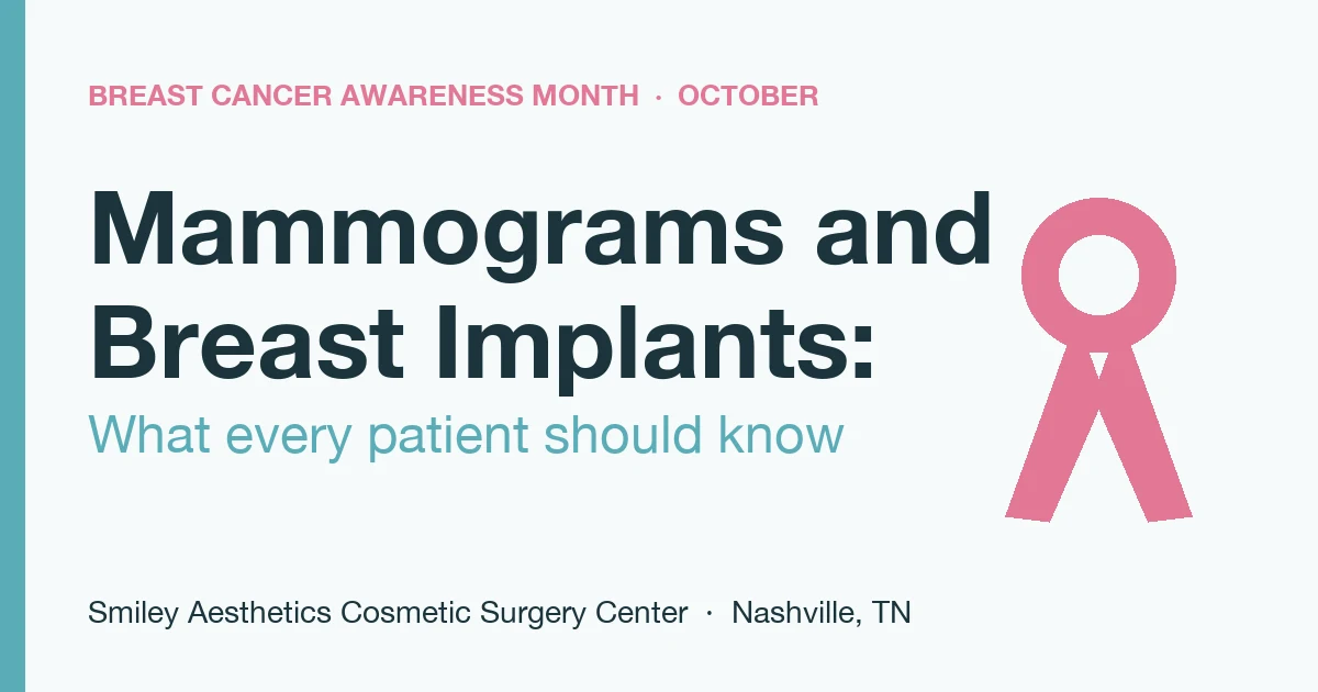 Pink awareness ribbon beside the title Mammograms and Breast Implants: What every patient should know, Smiley Aesthetics Cosmetic Surgery Center Nashville